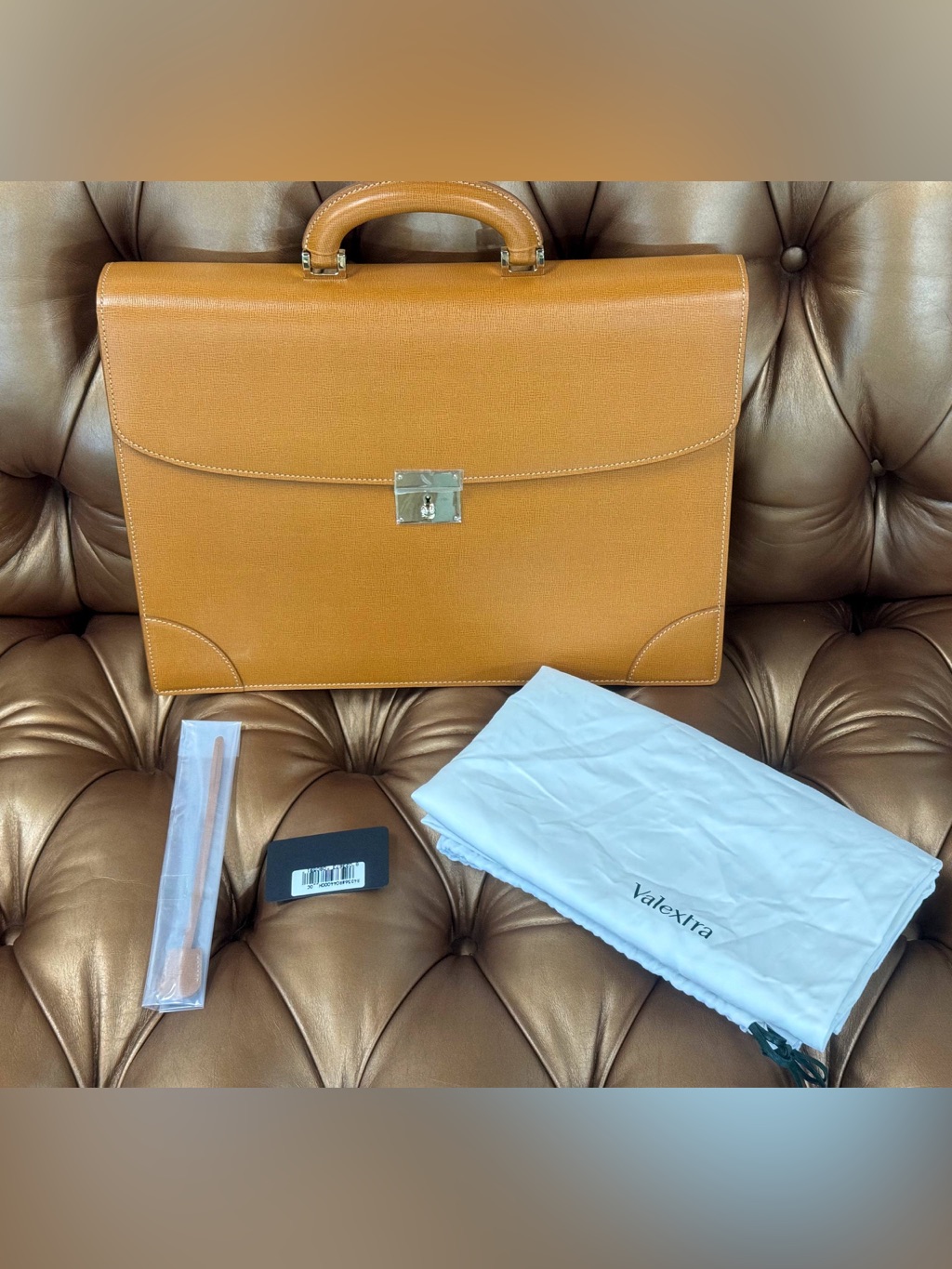 New Stickers Rolex Valextra Havana Brown Leather Briefcase Very Rare Tag Key